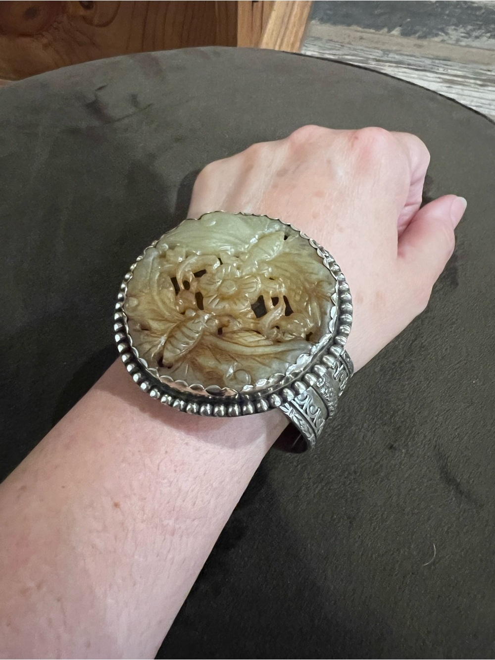 Carved Stone Floral Moth Cuff Bracelet - adjustable